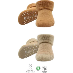 Bistyle Çemberli Kaymaz Havlu Soket Çorap, 2'li, Bej, Hardal