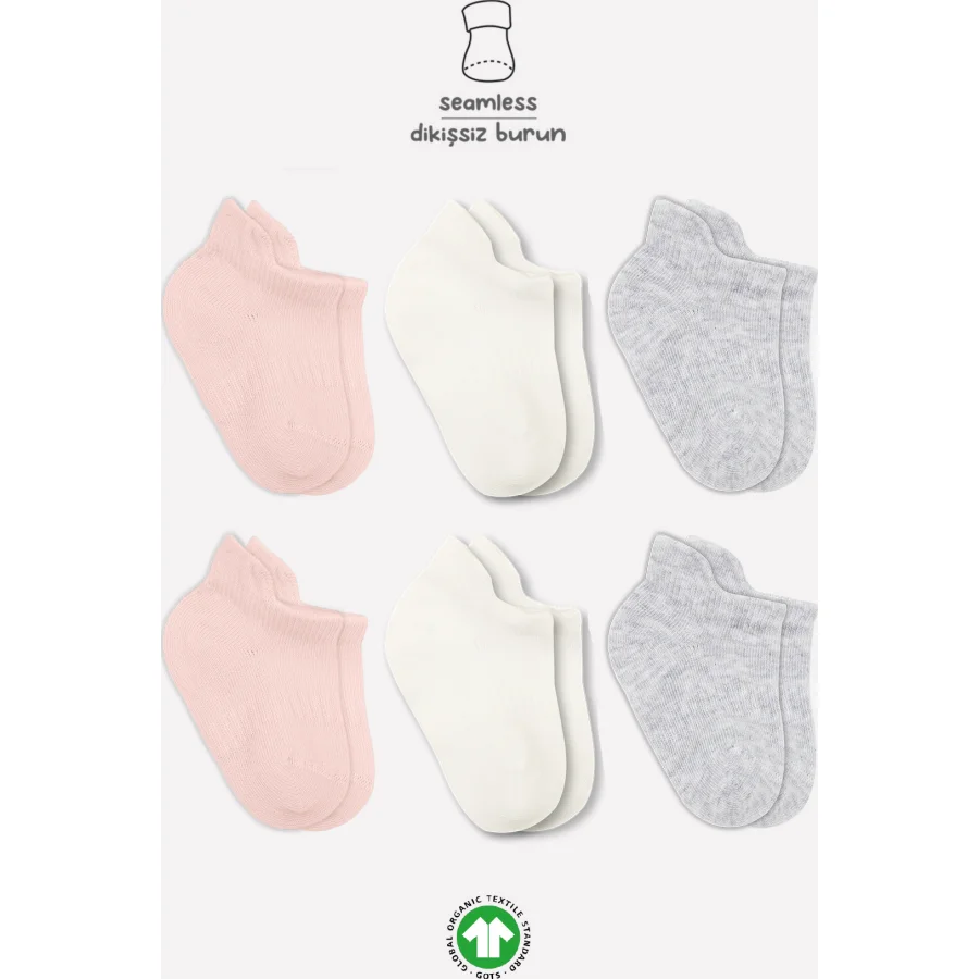 Bistyle Basic Penye Sneakers Çorap, 6'lı, Pembe, Ekru, Gri