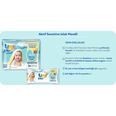 Uni Baby Aktif Sensitive Islak Havlu Mendil, 3'lü, 156 Yaprak