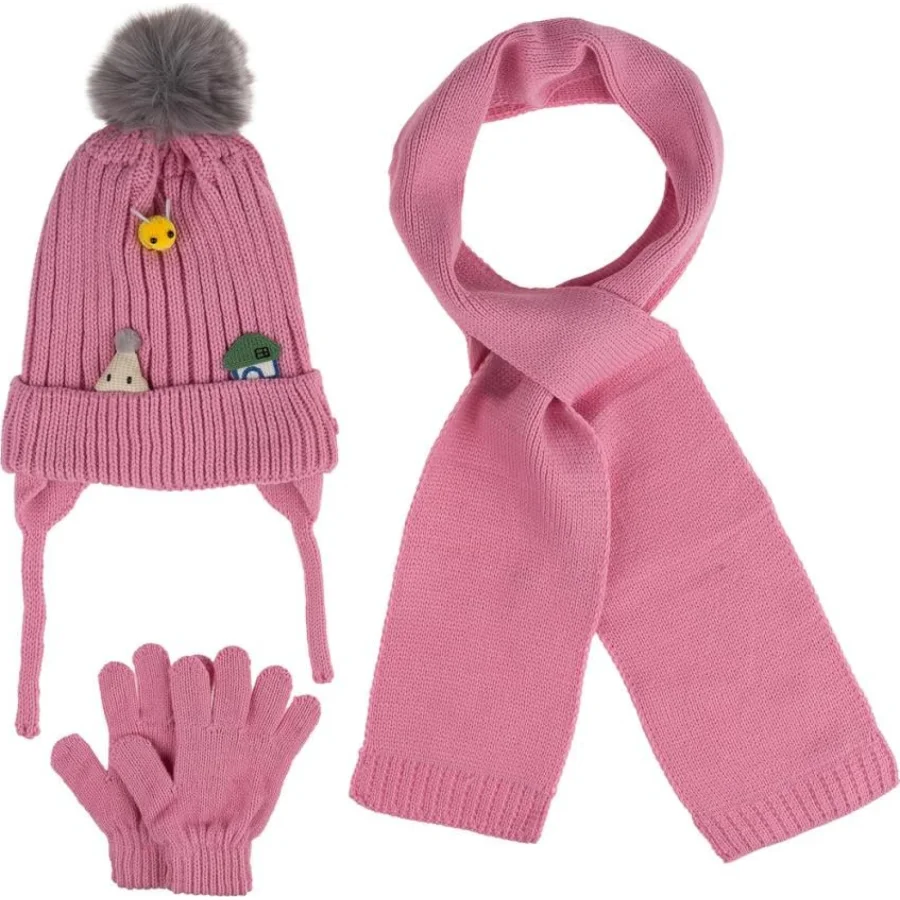 Kitti Bebe Kız Atkı Bere Eldiven Takım (1-4 Yaş), Pembe