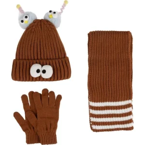 Kitti Çocuk Kız Atkı Bere Eldiven Takım (4-8 Yaş), Kahverengi