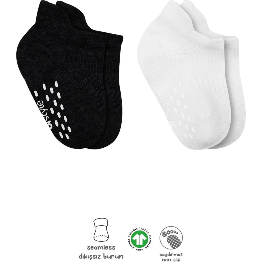 Bistyle Sneakers Kaymaz Basic Penye Çorap, 2'li, Siyah, Ekru