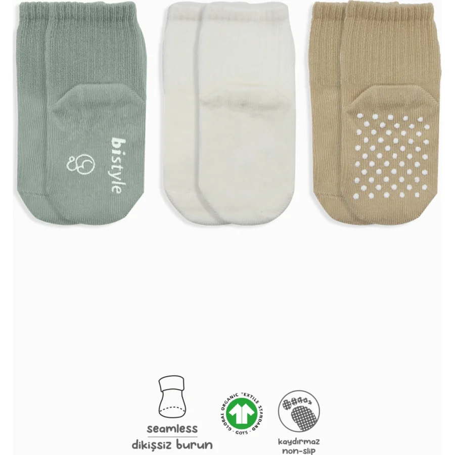 Bistyle Basic Kaymaz Penye Soket Çorap 3'Lü BS10106 Nil Ekru Bej