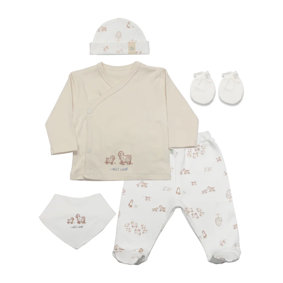 Bistyle Curly Lamb Hastane Çıkışı, 5 Parça, Bej, Mavi, Ekru