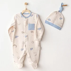 Andywawa Romper Hat Set Dino Bebek Tulum Takım, Bej