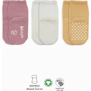 Bistyle 3lü Basic Kaymaz Penye Soket Çorap 10107 Pudra Ekru Somon
