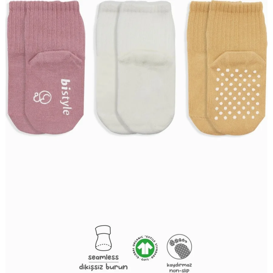 Bistyle 3lü Basic Kaymaz Penye Soket Çorap 10107 Pudra Ekru Somon