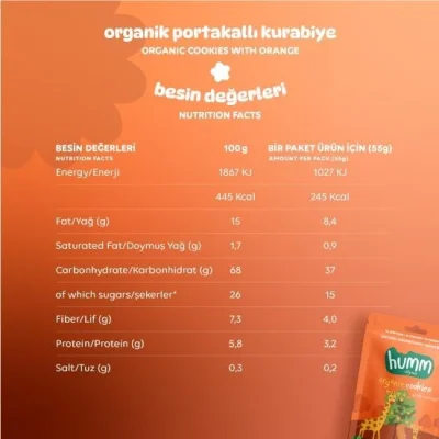 Humm Organik Vegan Portakallı Kurabiye, 55 g