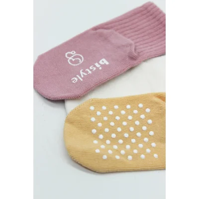 Bistyle Basic Kaymaz Penye Soket Çorap, 3'lü, Pudra, Ekru, Somon