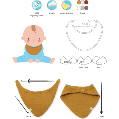 Bistyle Müslin Fular Önlük, 3'lü, Kiremit, Bej, Hardal