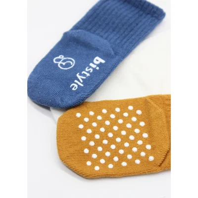 Bistyle 3'Lü Basic Kaymaz Penye Soket Çorap 10107 İndigo Ekru Hardal