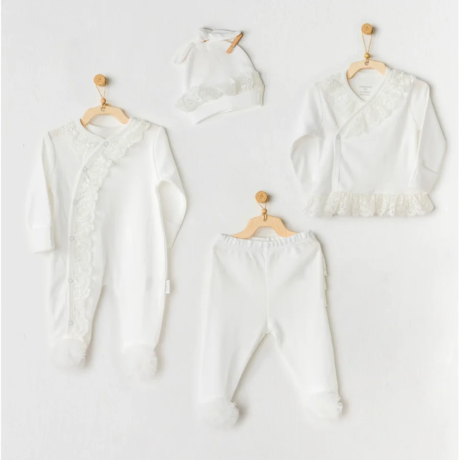 Andywawa Newborn Chic Girl Tüllü Hastane Çıkışı, 4 Parça, Ekru