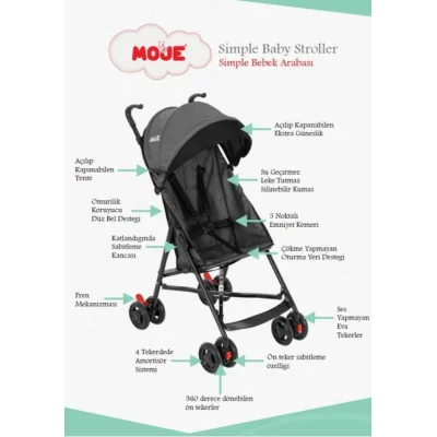 Moje Simple Pratik Baston Bebek Arabası, Gri