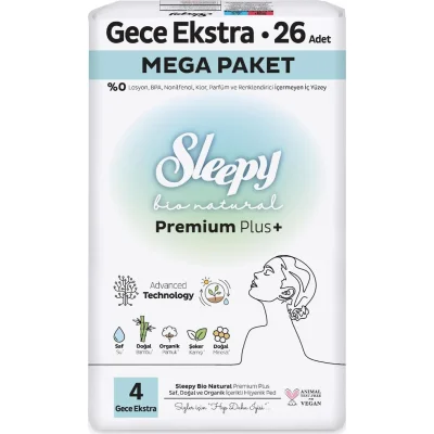 Sleepy Bio Natural Premium Plus Mega Ekstra Gece Ped 26 Adet