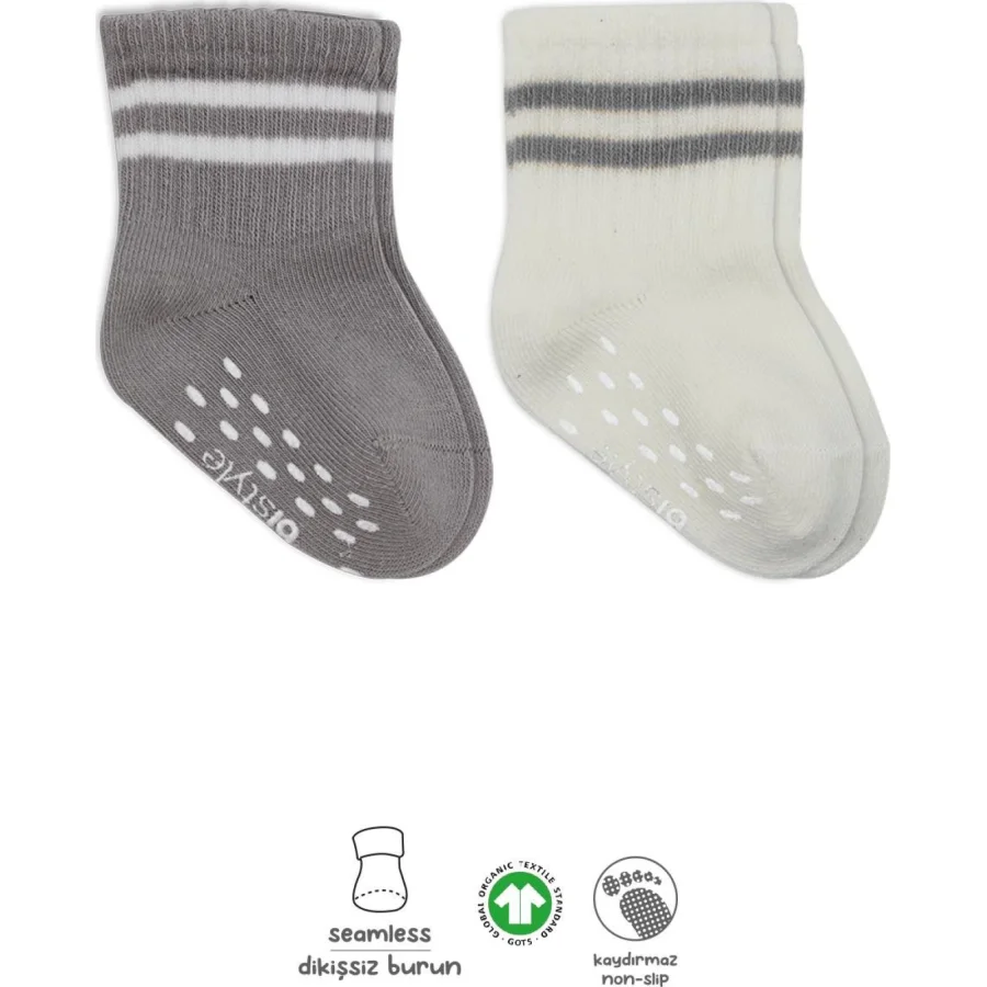 Bistyle 2li Çemberli Kaymaz Soket Çorap 10125 Gri Ekru