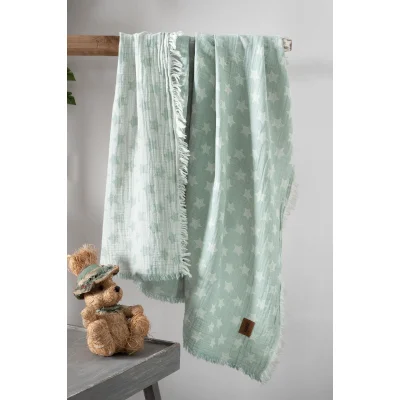 Kanz Bebek Müslin Jakarlı Örtü, 2 Kat, Stars, Yeşil