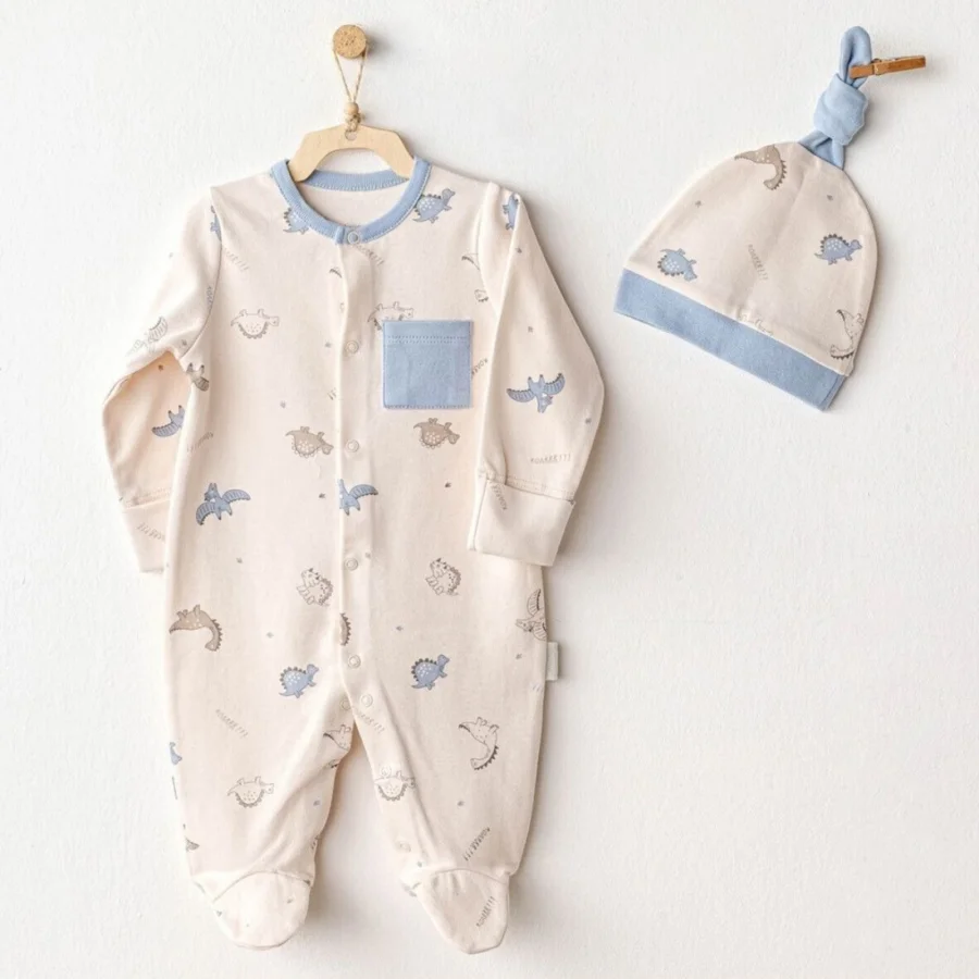 Andywawa Romper Hat Set Dino Bebek Tulum Takım, Bej