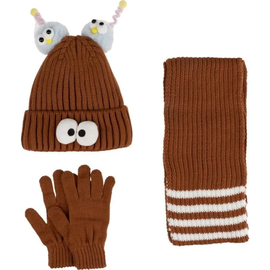 Kitti Çocuk Kız Atkı Bere Eldiven Takım (4-8 Yaş) K24170-09 Kahverengi