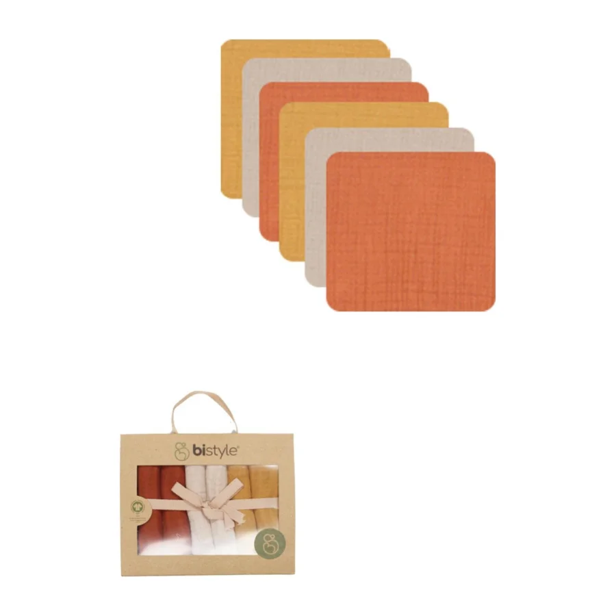Bistyle Müslin Mendil, 20x20 cm, 6'lı, Kiremit, Bej, Hardal