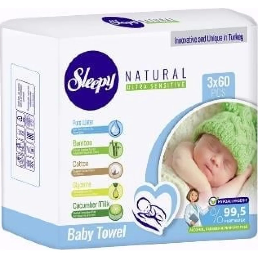 Sleepy Natural Islak Havlu Mendil, 60 Yaprak, 3'lü