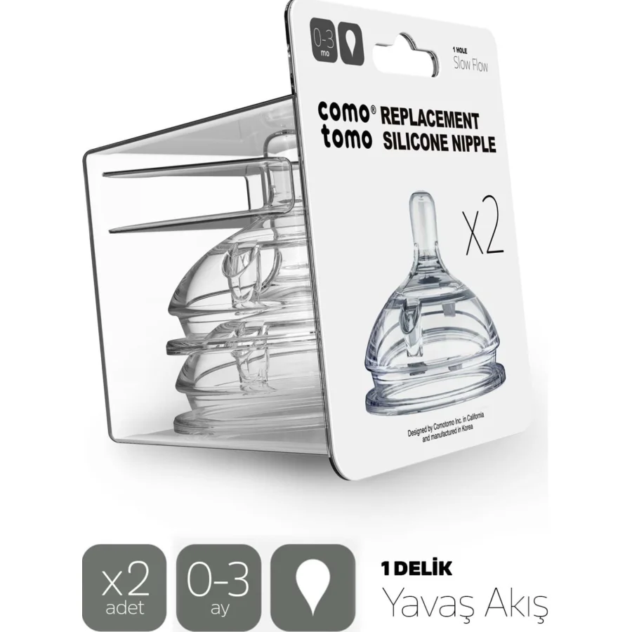 Comotomo Silikon Biberon Emziği, 2'li, Yavaş Akış, 0-3 Ay