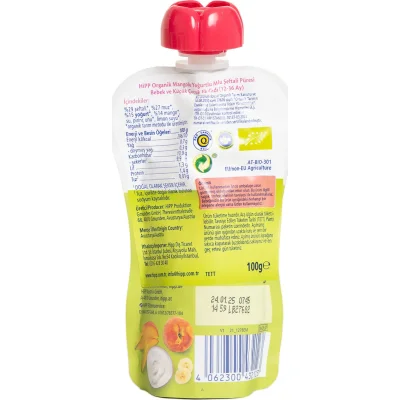 Hipp Organik Mangolu Yoğurtlu Muzlu Şeftali Püresi, 100 g