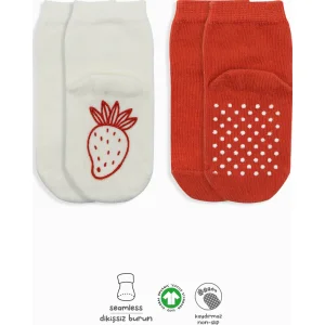 Bistyle Meyve Figürlü Kaymaz Soket Çorap, 2'li, Kırmızı, Ekru