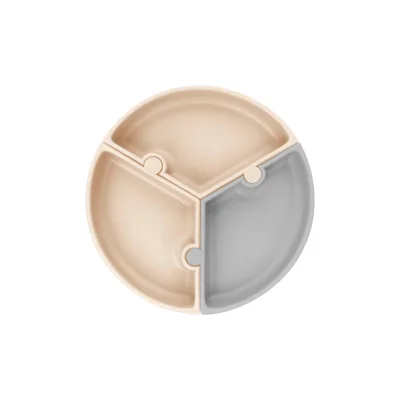 OiOi Puzzle Vakum Tabanlı Silikon Tabak, Bubble Beige/Powder Gray