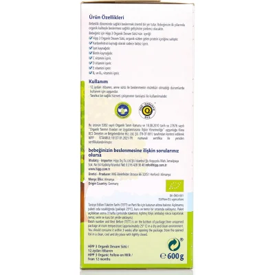 Hipp 3 Organik Çocuk Devam Sütü, 600 g