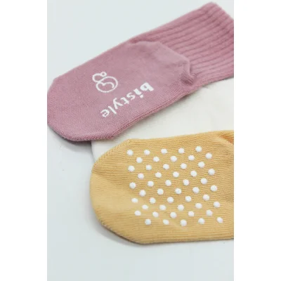 Bistyle Basic Kaymaz Penye Soket Çorap 3'Lü BS10106 Pudra Ekru Somon