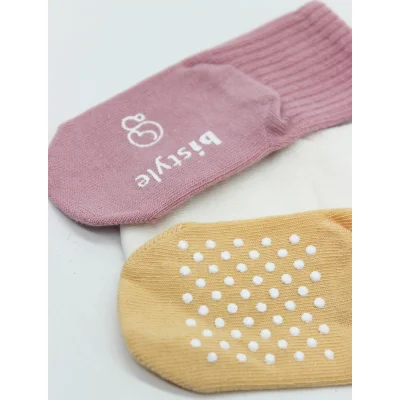 Bistyle 3lü Basic Kaymaz Penye Soket Çorap 10107 Pudra Ekru Somon