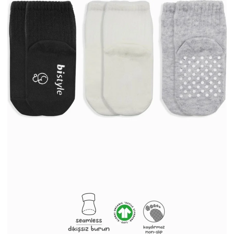 Bistyle Basic Kaymaz Penye Soket Çorap, 3'lü, Siyah, Ekru, Gri