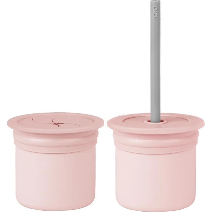 OiOi Ham+Hüp Pipetli Silikon Bardak Seti, Pinky Pink/Powder Gray