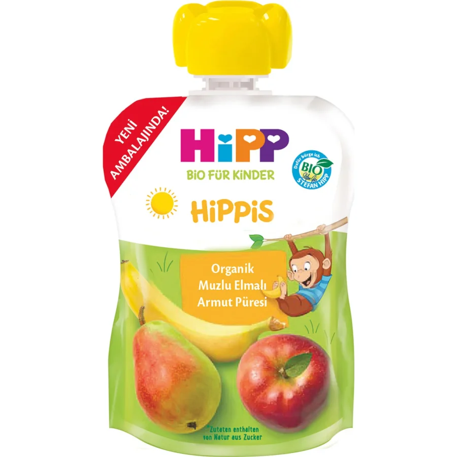 Hipp Organik Muzlu Elmalı Armutlu Meyve Püreli Kavanoz Maması, 90 g