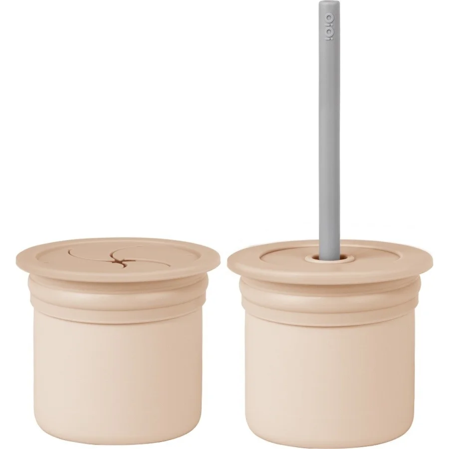 OiOi Ham+Hüp Pipetli Silikon Bardak Seti, Bubble Beige/Powder Gray