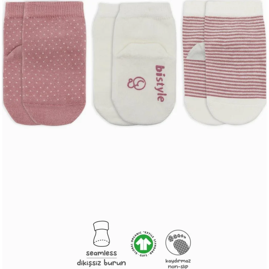 Bistyle 3'Lü Puanlı Kaymaz Penye Soket Çorap 10108 Pudra