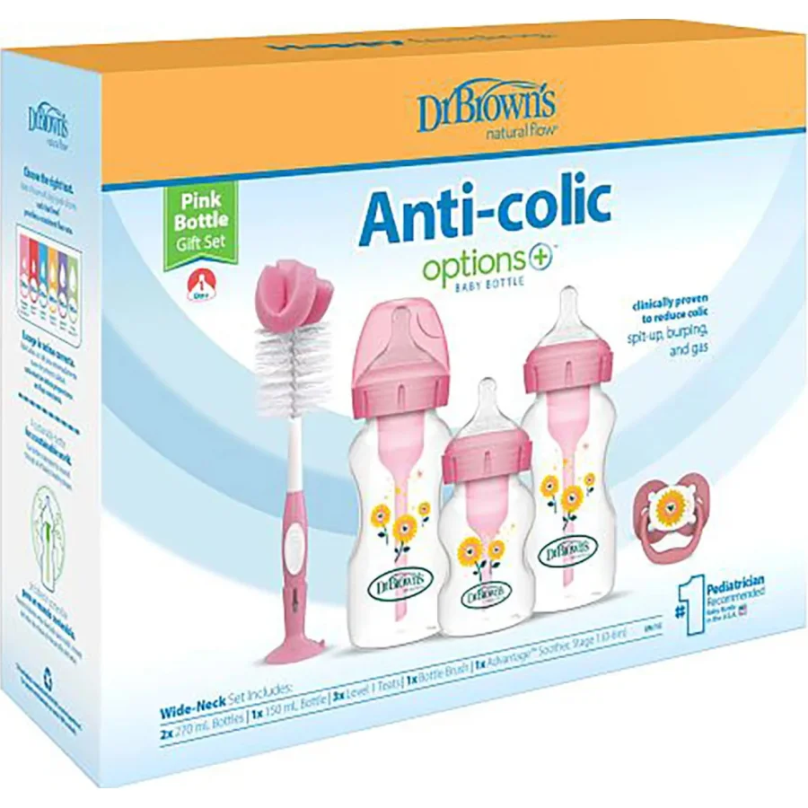 Dr.Brown's Geniş Ağız Anti Kolik Options+ PP Biberon Hediye Seti, Pembe