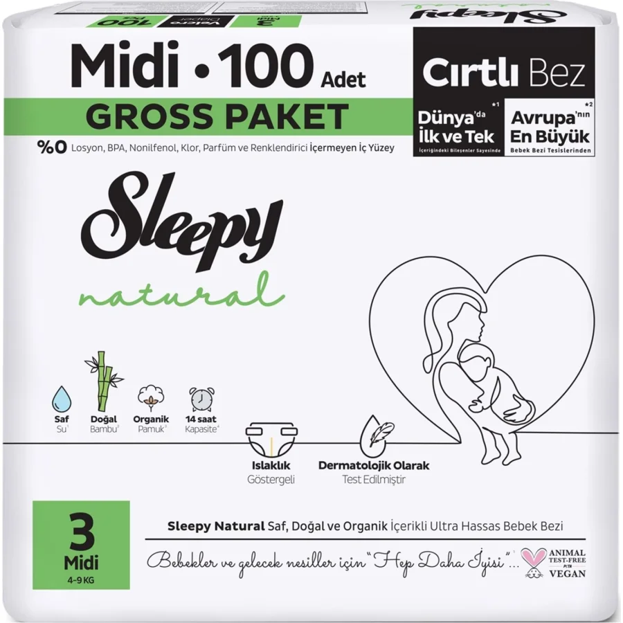 Sleepy Natural Bebek Bezi Gross Paket, 3 Beden, 100 Adet