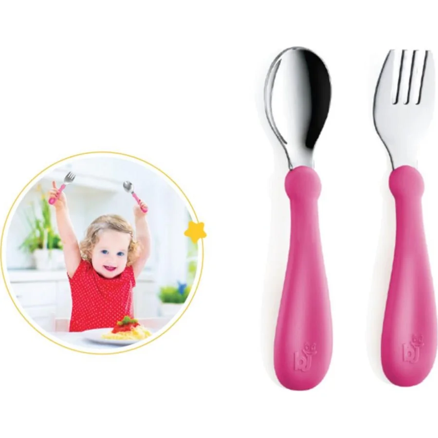 BabyJem Paslanmaz Çelik Çatal Kaşık Seti, Pembe
