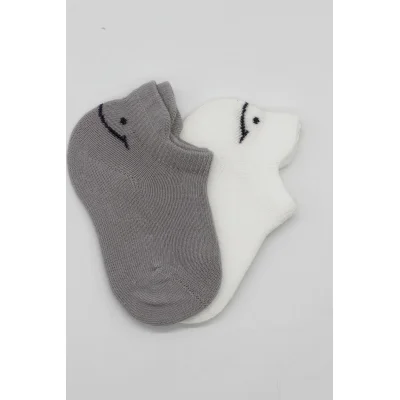 Bistyle Sneakers Smile Penye Çorap, 2'li, Gri, Ekru