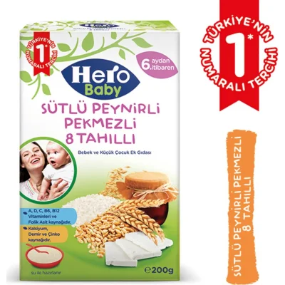 Hero Baby Sütlü 8 Tahıllı Peynirli Pekmezli Kaşık Mama, 200 g