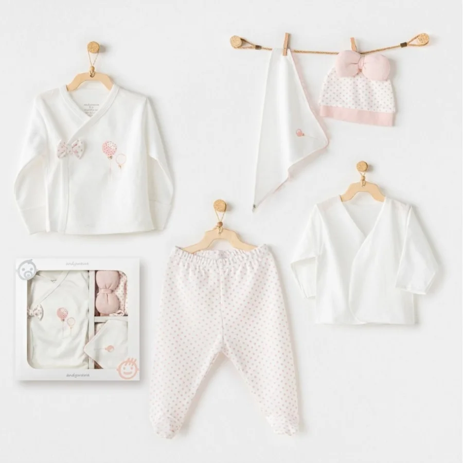 Andywawa Newborn Set Pınk Baloons Hastane Çıkışı, 5 Parça, Ekru