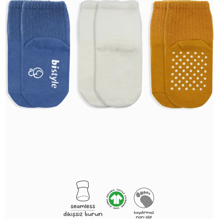 Bistyle 3'Lü Basic Kaymaz Penye Soket Çorap 10107 İndigo Ekru Hardal
