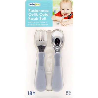 BabyJem Paslanmaz Çelik Çatal Kaşık Seti, Gri