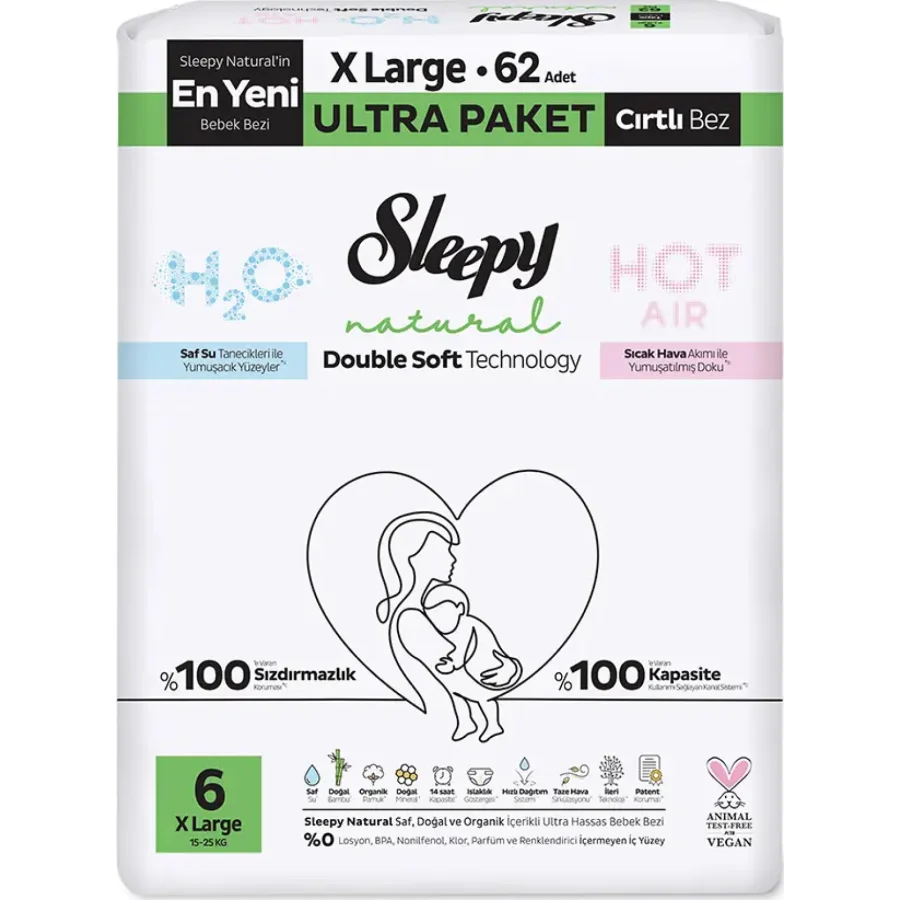 Sleepy Natural Double Soft Bebek Bezi, 6 Beden, 62 Adet