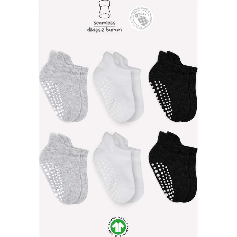 Bistyle Sneakers Kaymaz Penye Çorap, 6'lı, Gri, Beyaz, Siyah