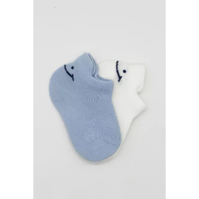 Bistyle 2'Li Sneakers Smile Penye Çorap 20106 Mavi Ekru