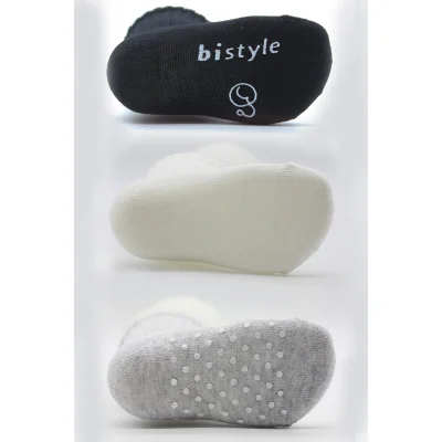 Bistyle Basic Kaymaz Penye Soket Çorap, 3'lü, Siyah, Ekru, Gri