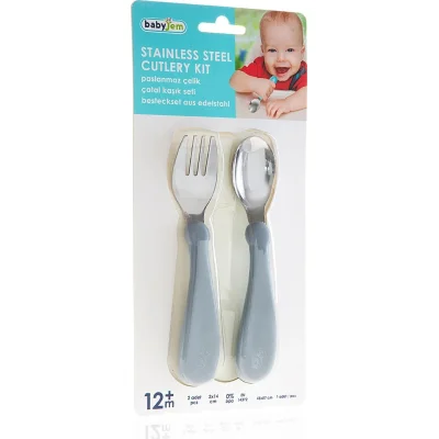 BabyJem Paslanmaz Çelik Çatal Kaşık Seti, Gri