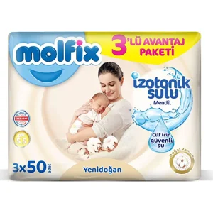 Molfix Yenidoğan İzotonik Sulu Doğal Pamuk Islak Havlu Mendil, 3'lü, 150 Yaprak